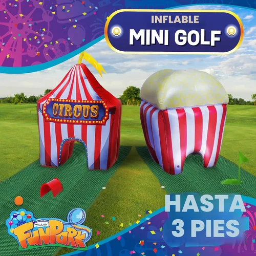 Miniatura 6 de FunPark - Juego de minigolf inflable – Campo de 13 piezas con palos ajustables, pelotas, copas de putting, tapetes verdes y obstáculos temáticos