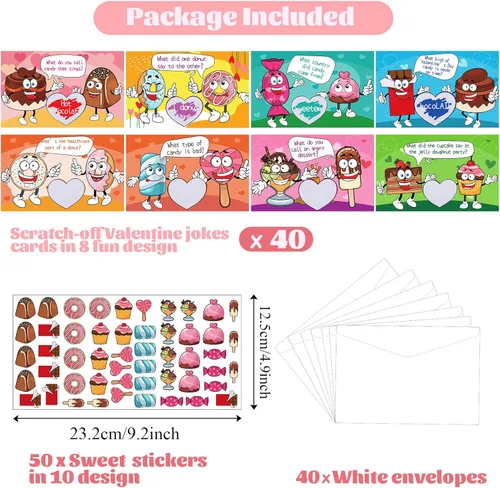 Miniatura 2 de Paquete de 40 tarjetas de chistes de San Valentín para niños con sobres, calcomanías de comida dulce, tarjetas de intercambio para el día de San