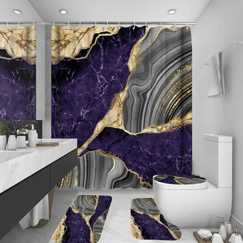 Miniatura 10 de Juego de 4 cortinas de ducha con diseño de mármol, juego de decoración de baño, lujo con 12 ganchos, tapete de baño, tapete para tapa de inodoro