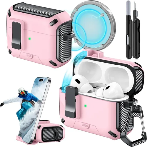 Miniatura 12 de Funda para AirPods Pro 2 (2023/2022/2019) con soporte para teléfono, (con interruptor a presión automático), diseño de fibra de carbono, cubierta