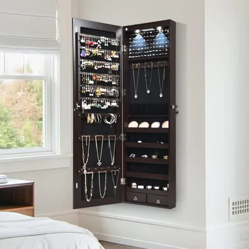 Miniatura 83 de Giantex Armario de joyería para puerta de pared con espejo de longitud completa, 2 LED con cerradura grande organizador de joyas con espejo ancho