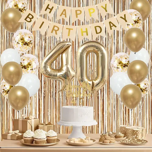 Miniatura 5 de Trgowaul Decoraciones de cumpleaños número 40 para mujer, pancarta, banda y corona, decoración de pastel, globo de número 40, cortinas de flecos