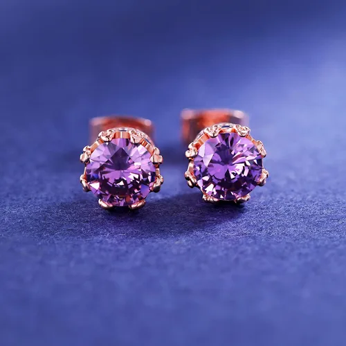 Miniatura 9 de MDFUN Aretes chapados en oro rosa para mujer, 0.236 in, corona brillante redonda, piedra natal, regalo de cumpleaños