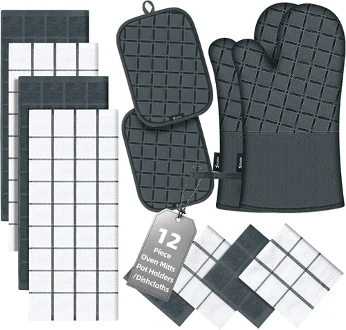 Miniatura 15 de Manoplas de horno para toallas de cocina y paños de cocina, juego de soportes para ollas, guantes de cocina, paños de cocina resistentes al calor