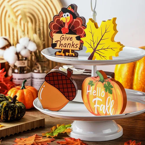 Miniatura 4 de Bucherry 4 piezas de decoración de bandeja escalonada de otoño de Acción de Gracias, letreros de madera de otoño, calabaza, hoja de arce, cosecha