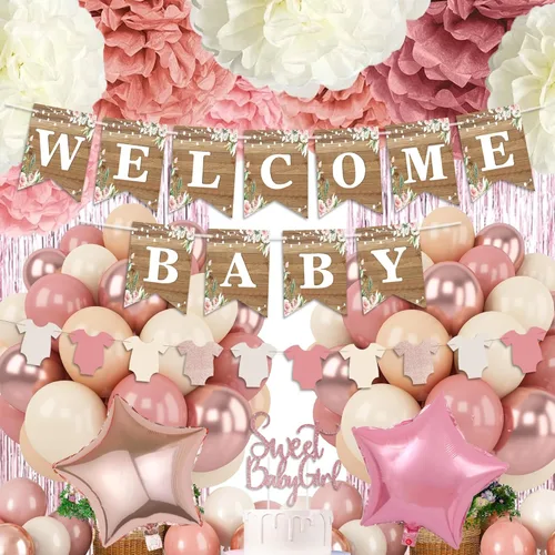 Decoración de baby shower rosa polvoriento, juego de decoración de baby shower para niña con pancarta de bienvenida para bebé, pompones de papel,