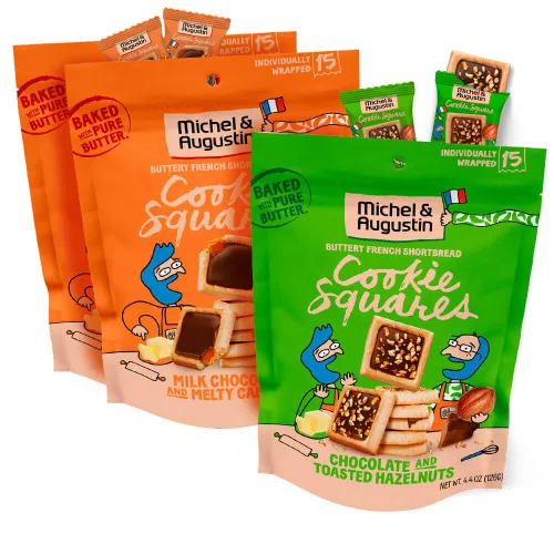 Michel et Augustin Paquete variado de bolsas para galletas, 2 sabores: chocolate con leche y caramelo + chocolate con leche y avellana, 15 galletas