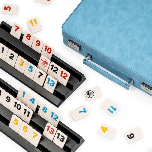 Juego de Rummy, 2 a 4 jugadores con 106 fichas y 4 bastidores, juego de viaje Rummy con funda de piel sintética, divertidos juegos de mesa clásicos