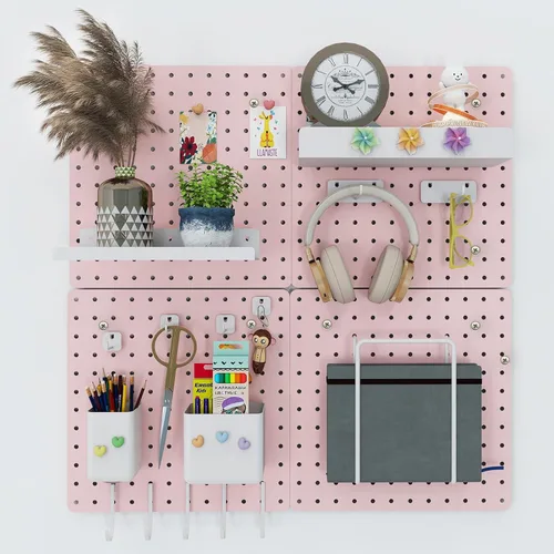 Kit combinado de tablero de clavijas de metal, 4 tableros de clavijas de acero al carbono con 26 accesorios, organizador de pared para el hogar, Rosa