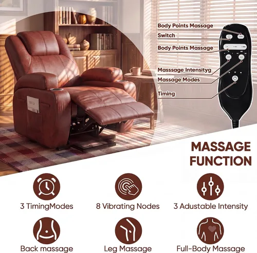Miniatura 3 de Furmax Silla reclinable eléctrica con masaje para personas mayores, tela de pana, sillón reclinable individual con portavasos, bolsillos laterales