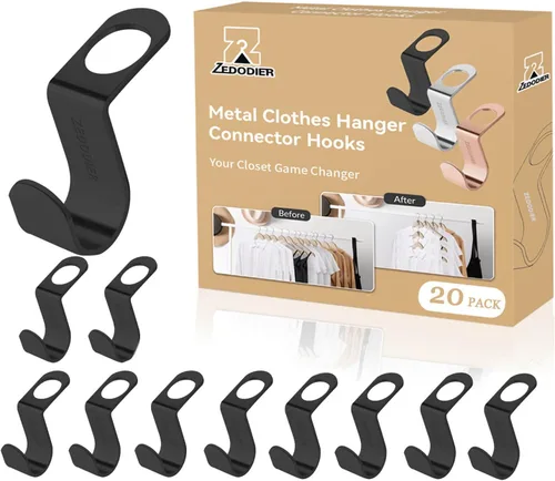 ZEDODIER Ganchos de metal para colgar ropa, paquete de 20 ganchos extensores súper resistentes, ahorro de espacio en el armario, fácil de usar, Negro