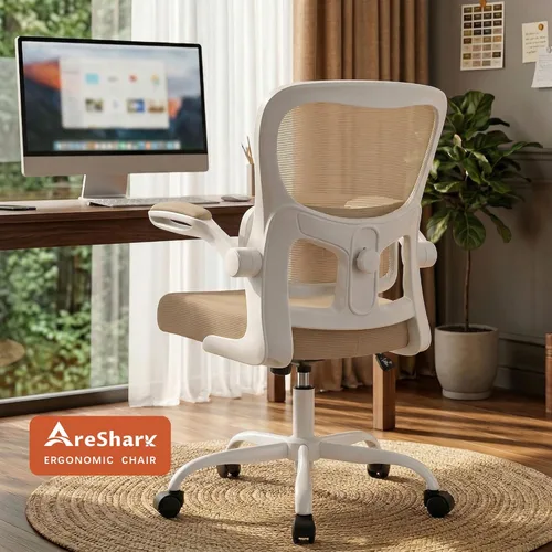 Miniatura 10 de AreShark Silla de oficina ergonómicas con soporte lumbar ajustable, silla de malla transpirable con respaldo alto con ruedas y reposabrazos Caqui