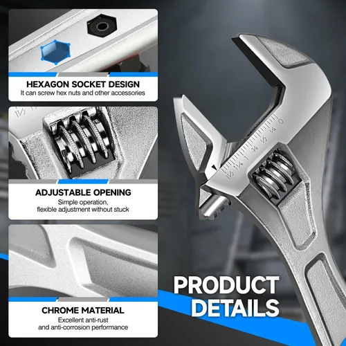 Miniatura 3 de DNA Motoring TOOLS-00046 - Llave inglesa ajustable, 12 pulgadas, herramienta de reparación automotriz de acero vanadio con mordazas de cuatro lados