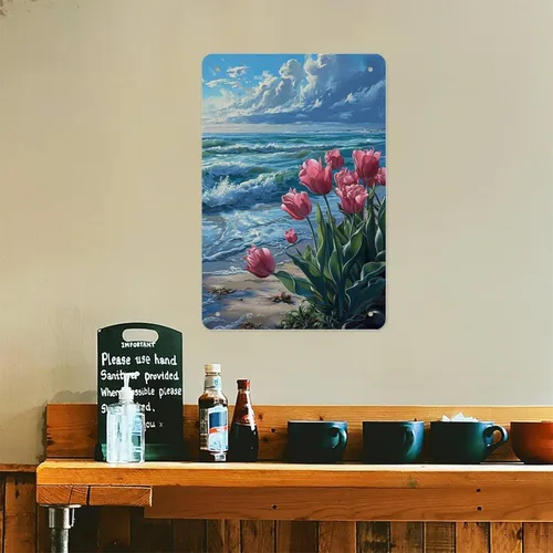 Miniatura 6 de Coastal Tulips with Ocean Waves Metal Tin Sign Wall Decor Retro Sign for Home Living Room Bedroom Coffee Wall Decor Halloween Christmas Gifts
