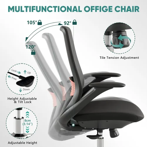 Miniatura 5 de Silla de oficina ergonómica de malla, silla de escritorio ejecutiva de 330 libras con soporte lumbar, reposabrazos 2D, cómodas sillas giratorias