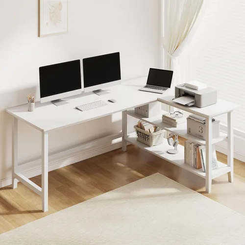 Miniatura 12 de IOTXY Reversible L-Shaped Office Desk - 53" Modern Corner Computer Table with Storage Shelves, Solid Wood Legs, Home Writing & Study Workstation