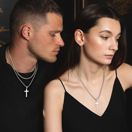 Miniatura 3 de LUXEJEW Collar de cruz de acero inoxidable para hombres y niños, cadena de eslabones cubanos de plata dorada y negra, cadena de cadena con colgante