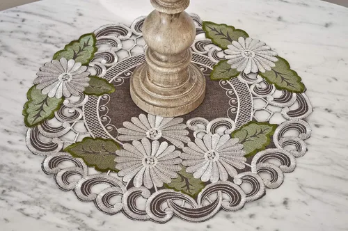 Miniatura 4 de LINENS Art and Things - Mantel individual bordado perlado con hojas verdes sobre marrón (redondo de 15 pulgadas)
