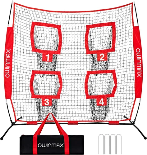 Miniatura 9 de 6x6 pies Red de Lanzamiento de Fútbol, Red de Entrenamiento y Práctica con 4 Objetivos, Incluye Bolsa de Transporte y Estaca para Suelo, Negro