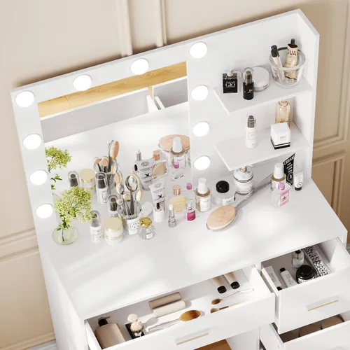 Miniatura 3 de Rovaurx Escritorio de tocador con espejo y luces, mesa de tocador de maquillaje con estantes de almacenamiento y 4 cajones, tocador de dormitorio