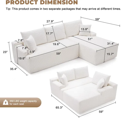 Miniatura 2 de Mangodan Sofá seccional Cloud, sofá deshuesado para sala de estar, sofá modular con asiento profundo, cómodo sofá esponjoso en forma de L con diván