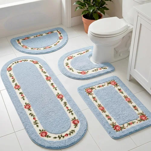 Timgle Juego de 4 alfombras de baño con diseño de coqueta de rosas y flores, antideslizantes, absorbentes, lavables, tapete de baño floral para el