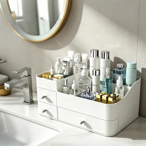 Miniatura 5 de Organizador de maquillaje blanco para tocador, con 3 cajones, gran capacidad, ideal para maquillaje, cosméticos, cuidado de la piel, adecuado