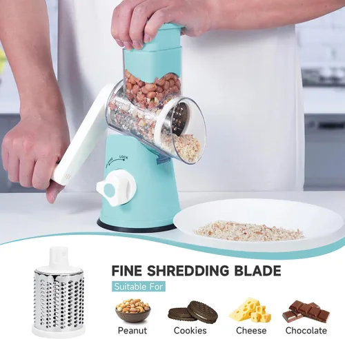 Miniatura 4 de Rallador giratorio de queso, rallador de queso con manivela de mano con 3 cuchillas intercambiables, rallador de queso manual con base de succión
