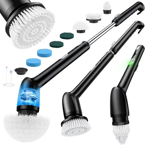 Miniatura 9 de LyriFine Limpiador eléctrico giratorio, nuevo cepillo limpiador de baño impermeable IPX7 de cuerpo completo, limpiador de ducha con mango largo y 2