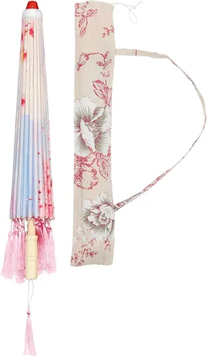 Homoyoyo Sombrilla de tela con patrón de flores, sombrilla de tela de seda japonesa china con bolsa de borlas, kimono Hanfu, suministros de disfraz