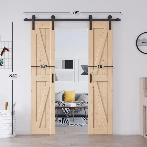 Miniatura 7 de EaseLife Puerta de granero de 36 x 84 pulgadas (puerta doble de 18 x 84 pulgadas) con herrajes para puerta corredera de 6.6 pies y asa incluidos