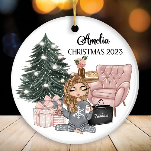 Adorno de Navidad personalizado para niña glamorosa, adicto a las compras para adolescentes fashionista (círculo)