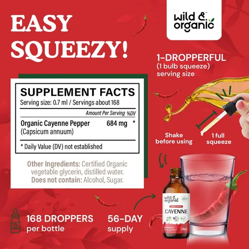 Miniatura 3 de Wild & Organic Gotas de pimienta de cayena - Antioxidante y apoyo digestivo - Suplementos de capsaicina - Tintura líquida de extracto de pimienta