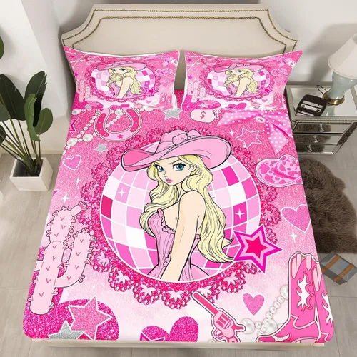 Miniatura 43 de Sábana bajera con lazo azul tamaño individual, juego de ropa de cama de princesa con cerezas, estrellas y flores margaritas de dibujos animados