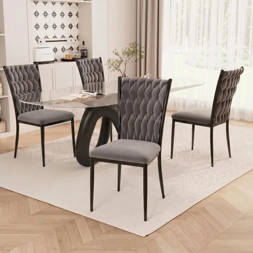 Miniatura 36 de Juego de 2 sillas de comedor de terciopelo, modernas sillas de cocina tejidas con patas de metal dorado, cojín tapizado con respaldo alto