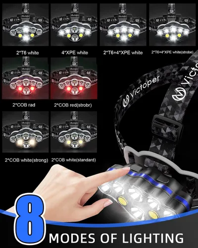 Miniatura 3 de Victoper - Linterna frontal recargable, 8 LED de 18000 lúmenes con luz roja, linterna frontal USB ligera, impermeable, de 8 modos, equipo para Negro