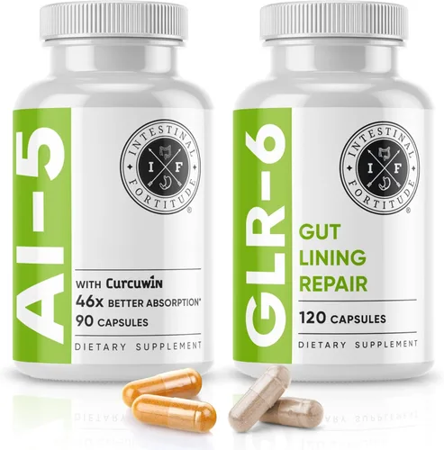 Intestinal Fortitude AI-5 & GLR-6 Suplemento de salud digestiva en cápsulas con glutamina, cúrcuma, curcumina para la salud intestinal y apoyo