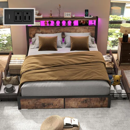 Miniatura 7 de Fabulis Marco de cama tamaño completo con 4 cajones de almacenamiento y cabecero con estación de carga y luces LED, almacenamiento de cabecero