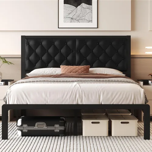 Miniatura 10 de Fluest Base de cama individual con cabecero, tapizada en cuero PU, marco de plataforma con soporte de listones metálicos, con espacio de Negro