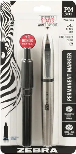 Miniatura 10 de Zebra Pen PM-701 - Marcador permanente, barril de acero inoxidable, punta fina, tinta negra, recargable, paquete de 1 unidad