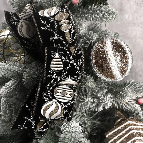 Miniatura 2 de Ribbli Cinta de Navidad con Alambre Negro Champán Cinta de Árbol de Navidad Copo de Nieve Purpurina Cintas con Alambre para Lazo de Copa de Árbol