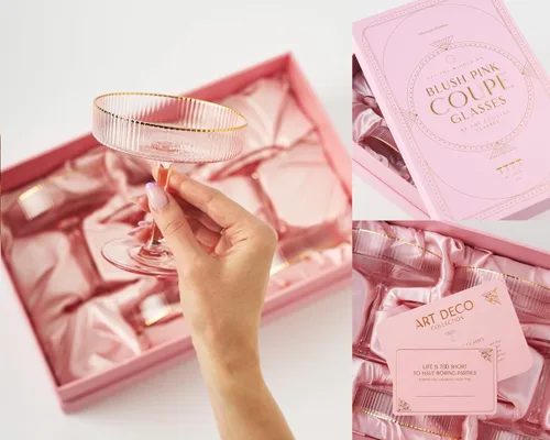 Miniatura 5 de GLASSIQUE CADEAU Vasos vintage Art Deco Blush Pink Coupé con bordes dorados Juego de 4 Cristalería de cóctel acanalada de cristal de 7 onzas