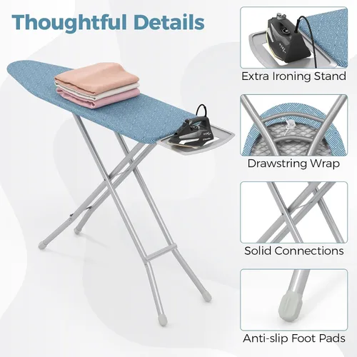 Miniatura 6 de COSTWAY Tabla de planchar de tamaño completo, soporte de hierro plegable de 57 x 15 pulgadas con altura ajustable de 7 niveles, cubierta de Azul