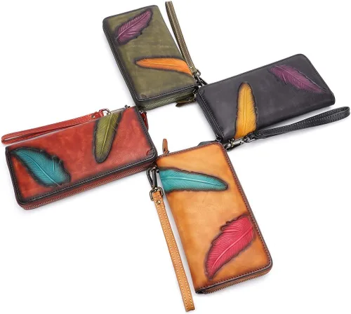 Miniatura 7 de Cartera de cuero genuino con cremallera alrededor de la muñeca bolso largo vintage en relieve de piel de vaca capacidad embrague hecho a mano