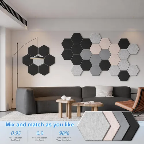 Miniatura 6 de Paquete de 12 paneles acústicos hexagonales, paneles autoadhesivos para amortiguar el sonido, paneles de espuma a prueba de sonido para paredes