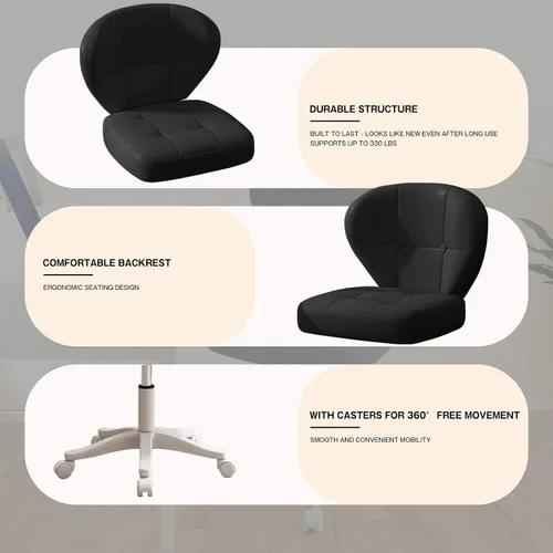 Miniatura 4 de Silla pequeña de oficina con soporte lumbar, silla de escritorio giratoria sin brazos de piel sintética de altura ajustable, silla compacta con Negro