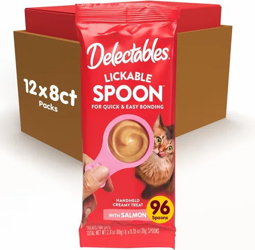 Miniatura 17 de Delectables Golosinas para lamer con cuchara de mano para gatos hechas con pollo y salmón reales, puré cremoso rápido y fácil, sin desorden, sin
