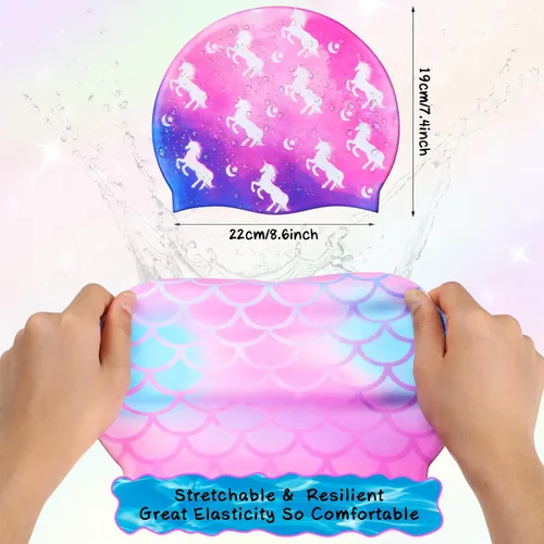 Miniatura 2 de Syhood Gorras de natación para niños, 3 unidades, impermeables, gorro de natación de dibujos animados para cabello largo y corto, para niños y niñas