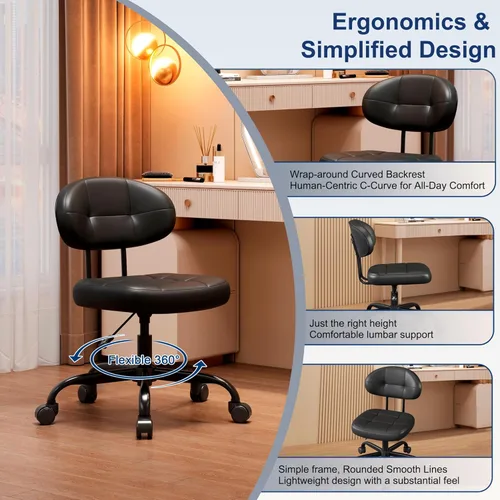 Miniatura 5 de Misolant Silla de tocador con respaldo, pequeña silla de oficina sin brazos con ruedas y soporte lumbar, cómodas sillas de escritorio de piel Negro