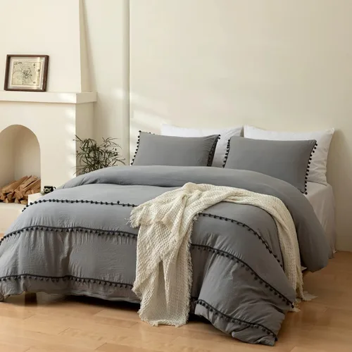 Miniatura 10 de INFLAG Funda de edredón de tamaño individual con pompones, juego de ropa de cama de microfibra bohemia de 3 piezas, 1 funda de edredón de 66 x 90